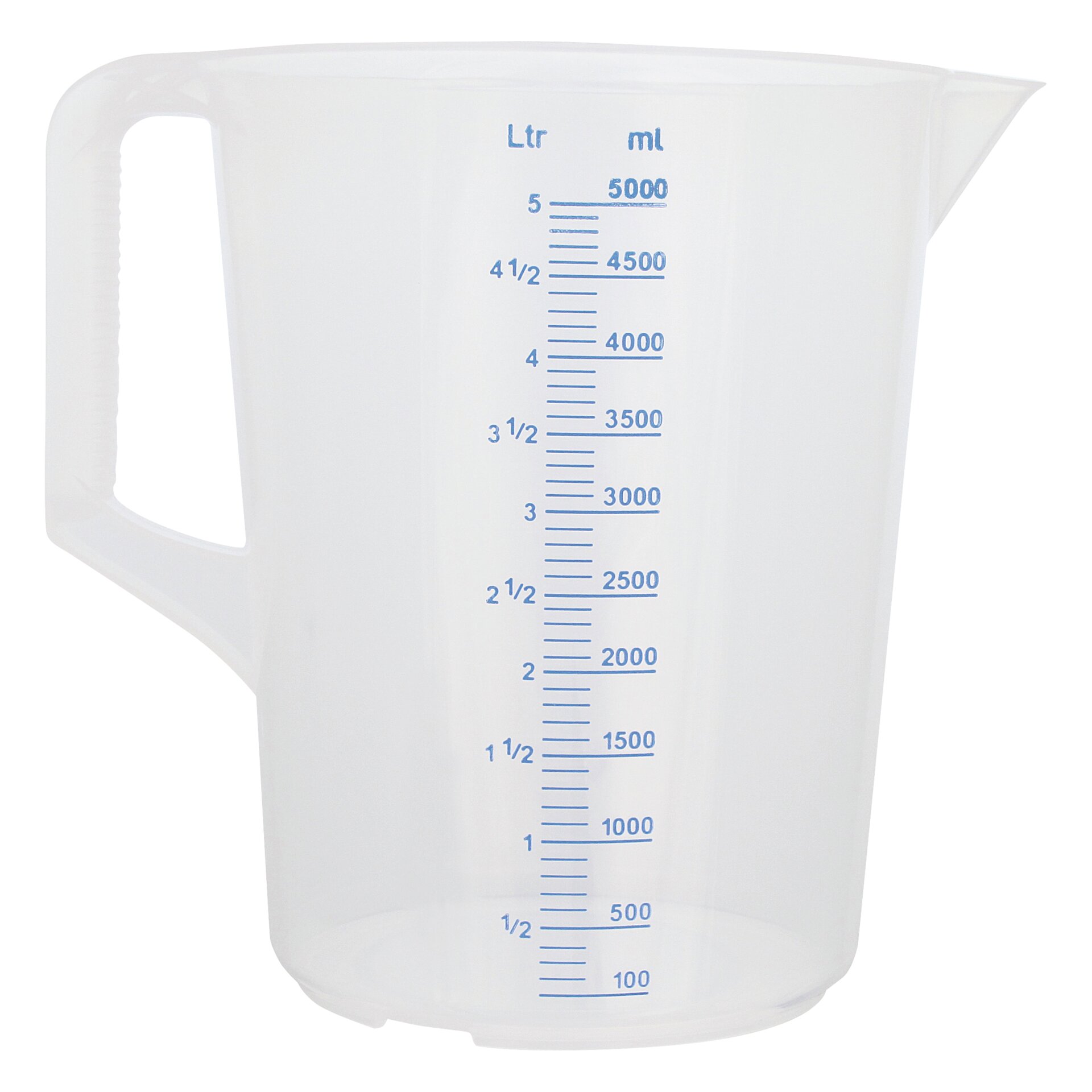 Messbecher 5,00 l geprägte Skala, blaue Schrift, geschlossener Griff
