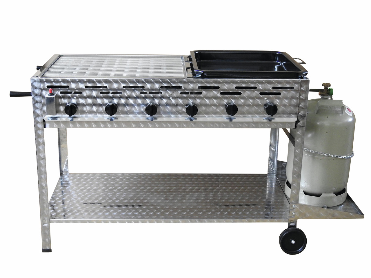 Profi-Gasgrill 6 flammig, fahrbar mit 3/5  Rost und 2/5 Pfanne