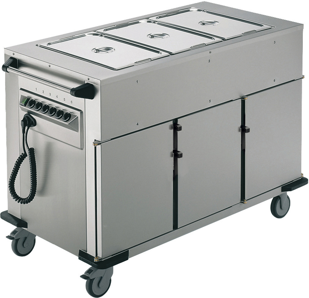 Speisenausgabewagen 3 Fächer je 8 Einschübe / beheizt / mit Warmhaltebecken