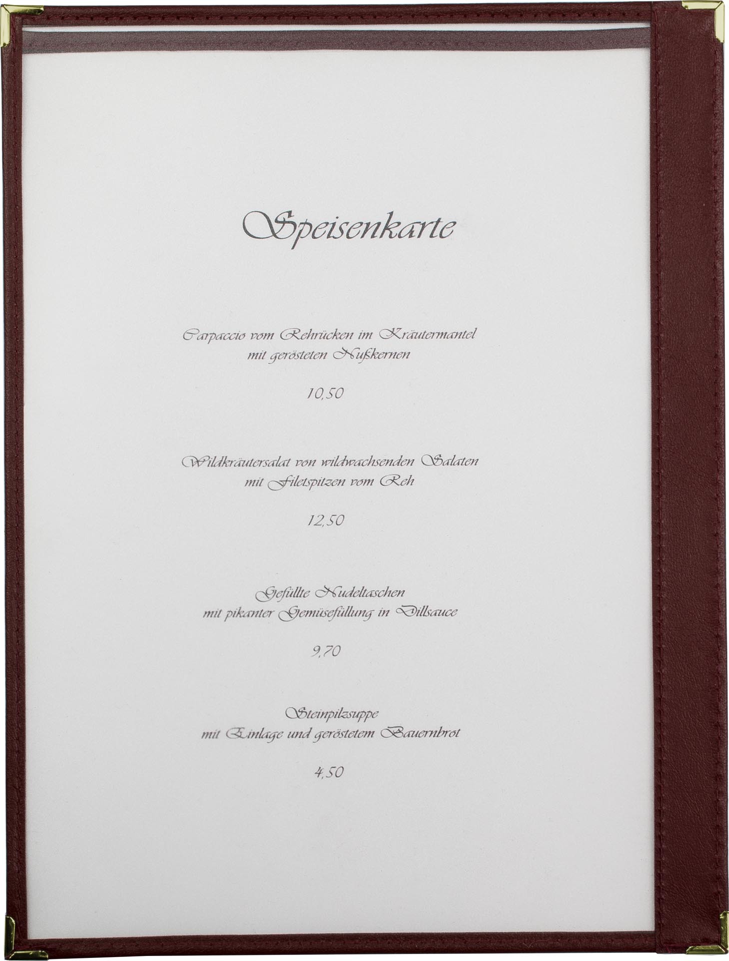 Amerikanische Speisenkarte A4 Kunstleder 2 Fenster bordeaux, Ecken gold