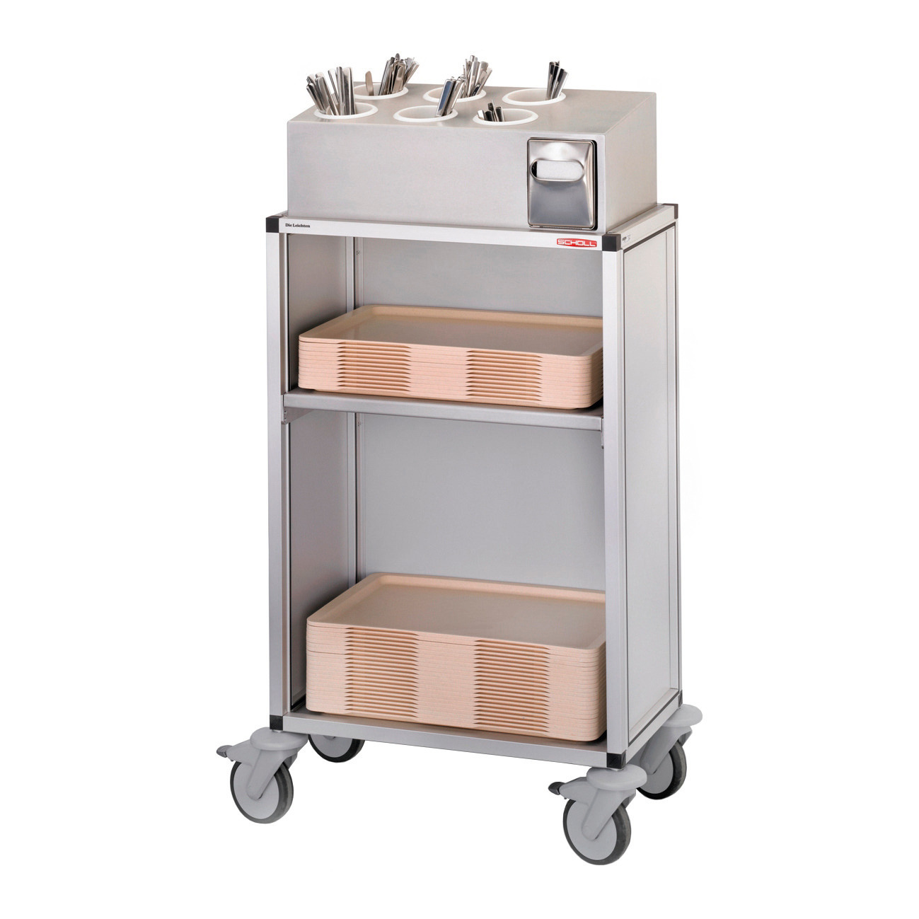Besteck- / Tablett-Ausgabewagen / fahrbar / mit Melamin-Seitenwänden + Rückwand